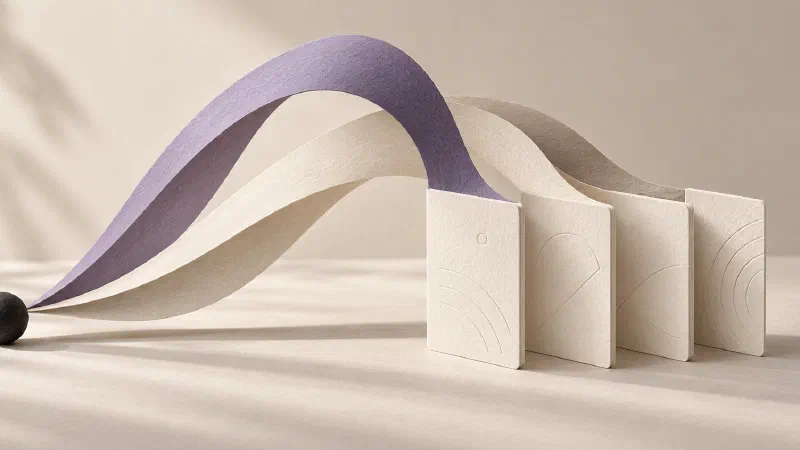 Paper ribbons flow from a single point to an orderly collection of reading cards.