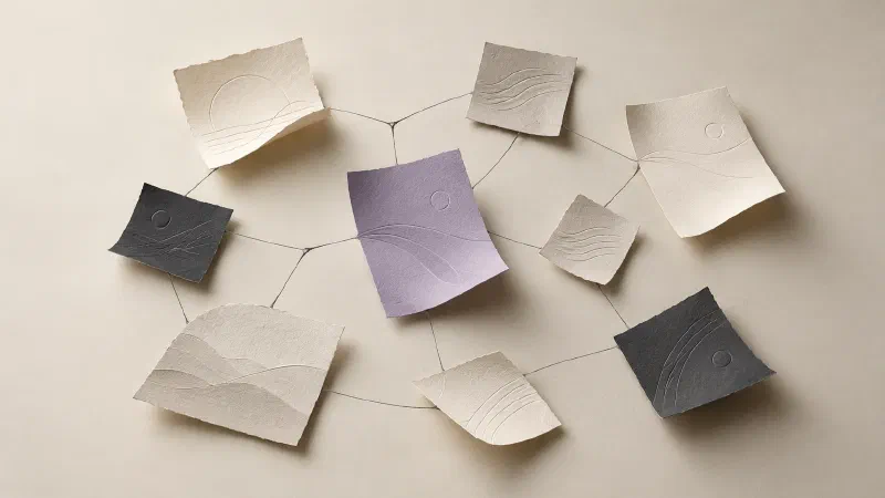 Paper pages connected by fine threads, representing independent blogs and their links.